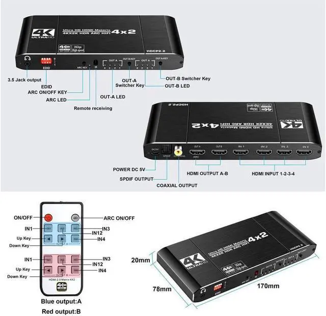 Alt view image 3 of 7 - IXJYLCPC 4K@60Hz 4x2 HDMI Matrix Switch, HDMI 2.0b Matrix Switch 4 in 2 Out, 4K HDMI Switcher Splitter + Coaxial + Optical and 3.5mm L/R Audio Output, Scaler EDID with Remote, HDCP2.2, HDR 10
