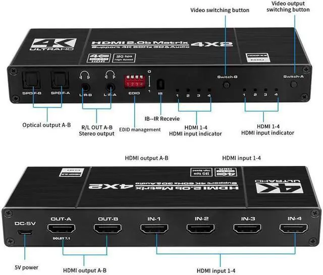Alt view image 2 of 7 - IXJYLCPC 4x2 HDMI Matrix Switch 4K - 4K 60Hz RGB 8:8:8(Dolby ATMOS), 18Gbps, HDR10, Control via Remote, 2xSPDIF Audio, 2x3.5mm L/R Audio Audio Extractor, 4 in 2 Out Video Matrix Switch (OZJ1-1)