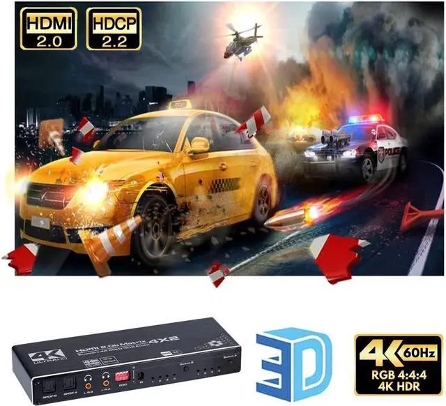 Alt view image 5 of 7 - IXJYLCPC 4K 4 in 2 Out HDMI Matrix Switch, 4X2 HDMI Switcher with Audio Extractor UltraHD Supports Up to 4K @ 60Hz IR EDID HDCP 2.2 HDR10,2xSPDIF Audio, 2x3.5mm L/R Audio - Remote Control (OZJ1)