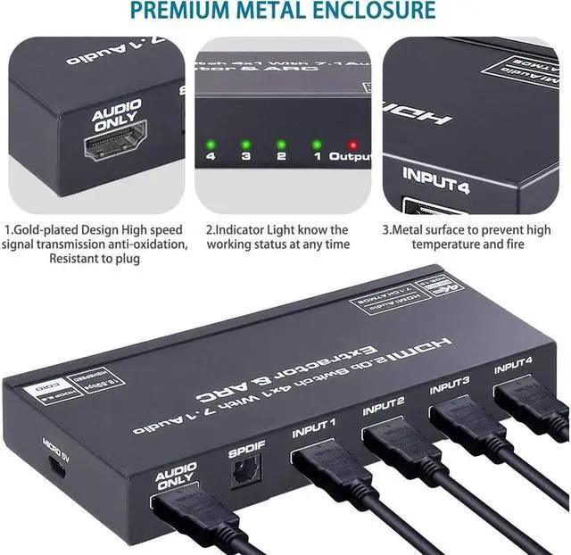 Alt view image 4 of 7 - IXJYLCPC HDMI Switch 4x1 with Audio Extractor, 4K@60Hz Ultra HD HDMI Switcher with Optical TOSLINK SPDIF, 3.5mm Audio Support ARC Function, HDCP 2.2, RGB 8:8:8(7.1CH Dolby atmos),EDID,HDR 1