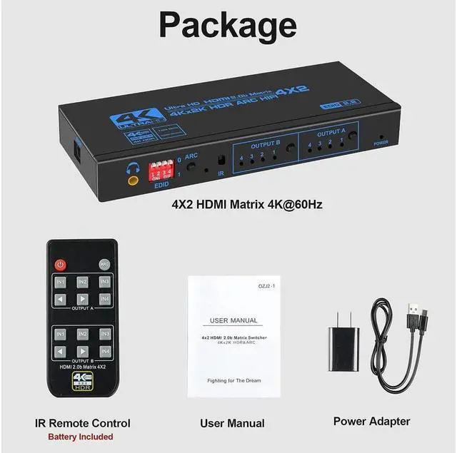 Alt view image 7 of 7 - IXJYLCPC 4K@60Hz Matrix 4x2 18.5 Gbps HDMI-compatible Switch Splitter with SPDIF and 3.5mm HDR 4x2 Support HDCP 2.2 3D (OZJ2-1)