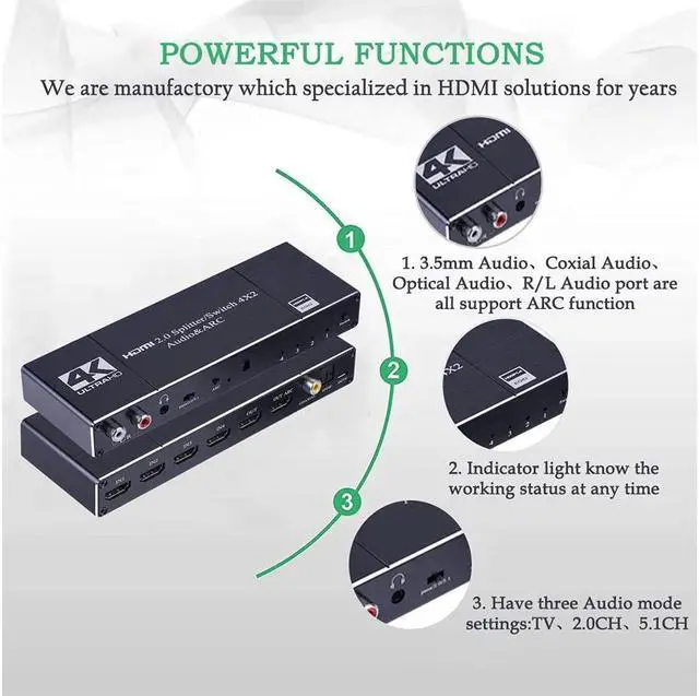 Alt view image 6 of 7 - IXJYLCPC 4K@60Hz 4x2 HDMI Switch Audio Extractor with Optical TOSLINK SPDIF R/L 3.5mm Audio Coaxial 4 Ports HDMI 2.0b Switcher with Remote Control Support ARC, HDCP 2.2, 3D, for Xbox, Fire Stick