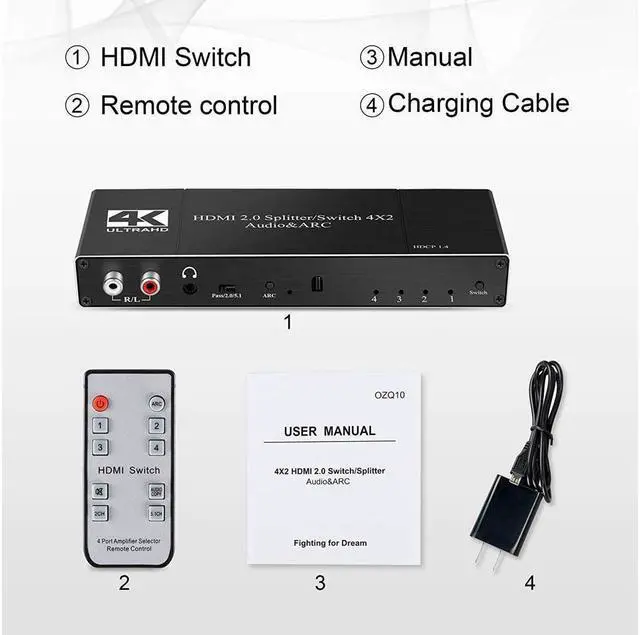 Alt view image 7 of 7 - IXJYLCPC 4K@60Hz 4x2 HDMI Switch Audio Extractor with Optical TOSLINK SPDIF R/L 3.5mm Audio Coaxial 4 Ports HDMI 2.0b Switcher with Remote Control Support ARC, HDCP 2.2, 3D, for Xbox, Fire Stick