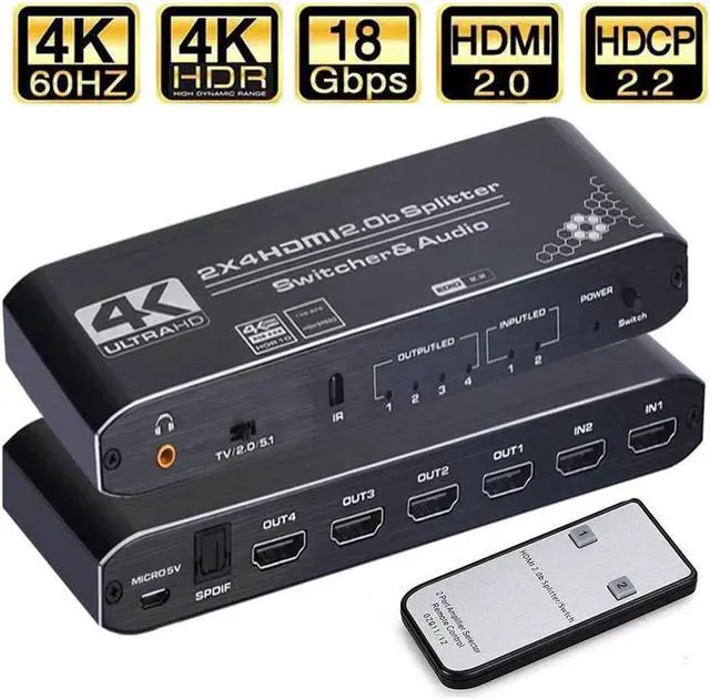 Main image of IXJYLCPC 4K 60hz HDMI Switch Splitter 2 in 4 Out HDMI Switch HDMI Audio Extractor with IR Remote Support HDMI to Toslink SPDIF 3.5mm Audio Out Support 3D 4K 60hz for TV Box Apple TV DVD PS4 PS3