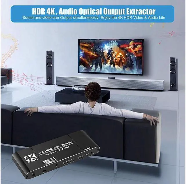 Alt view image 6 of 7 - IXJYLCPC 4K 60hz HDMI Switch Splitter 2 in 4 Out HDMI Switch HDMI Audio Extractor with IR Remote Support HDMI to Toslink SPDIF 3.5mm Audio Out Support 3D 4K 60hz for TV Box Apple TV DVD PS4 PS3