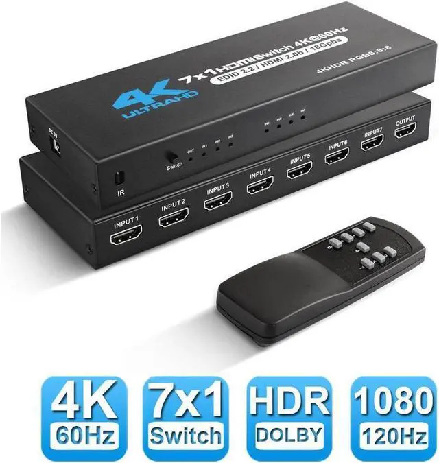 Main image of IXJYLCPC 4K@60Hz HDMI Switch 7 in 1 Out 4K@60Hz, HDMI Splitter with Remote 7 Port HDMI Switcher Selector Support 3D 4K HDR HDCP2.2 Compatible with PS5/4/3 Xbox Nintendo Switch TV Fire Stick
