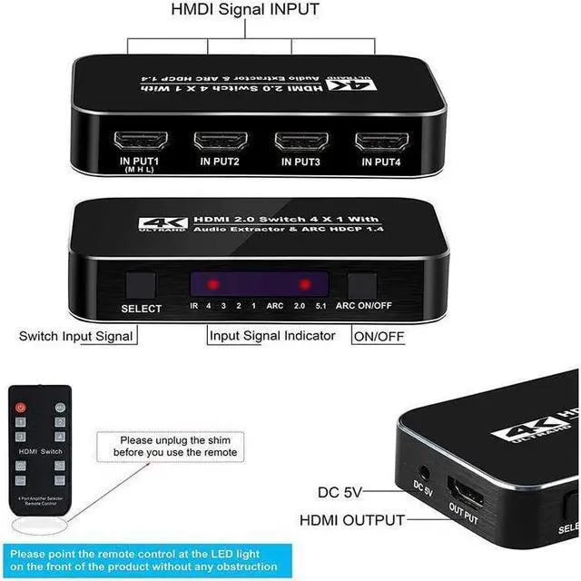 Alt view image 2 of 7 - IXJYLCPC 4 In 1 Out 4K@60Hz HDMI Switch Audio Extractor with Optical 3.5mm Stereo Audio Out, 4x1 Switcher Converter Adapter with Remoter for XBox PS4 PS5 Pro PC Projector Laptop - OZQ4