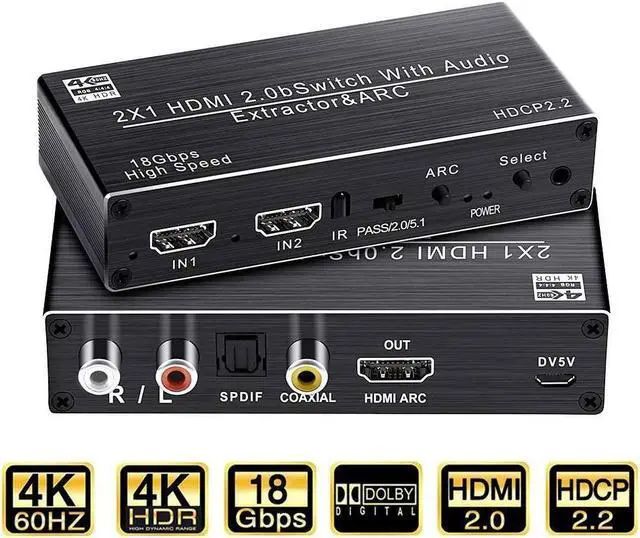 Main image of IXJYLCPC 4K@ 60Hz HDMI Audio Extractor 2x1 HDMI to HDMI + Optical Toslink / Coaxial SPDIF+ 3.5mm R/L Audio Splitter, 4K@ 60Hz HDMI 2.0 Optical Audio Splitter, HDCP 2.2 4K HDMI Audio Splitter