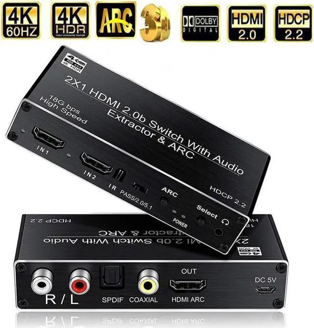 Main image of IXJYLCPC 4K@60Hz HDMI Switch 2x1, 2 Port HDMI2.0b Switch Box with Optical Toslink SPDIF/Coaxial/3.5mm R/L Audio Out, HDMI Selector Switch with Remote(OZV2)