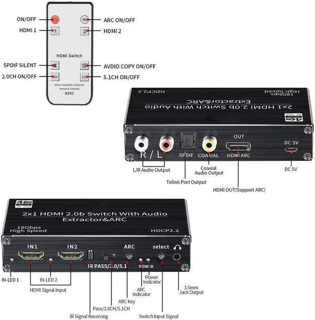 Alt view image 3 of 7 - IXJYLCPC 4K@60Hz HDMI Switch 2x1, 2 Port HDMI2.0b Switch Box with Optical Toslink SPDIF/Coaxial/3.5mm R/L Audio Out, HDMI Selector Switch with Remote(OZV2)