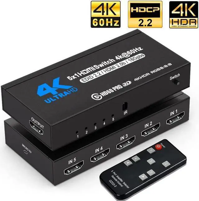 Main image of IXJYLCPC HDMI Switch 5in1 Out 4K 60Hz UHD HDMI Switcher Splitter with Remote Metal HDMI Switch Box Hub Support 4Kx2K 60Hz 3D 1080P HDCP2.2 for PS4/5 Xbox DVD Player Fire Stick Apple TV PC OZQ3-4