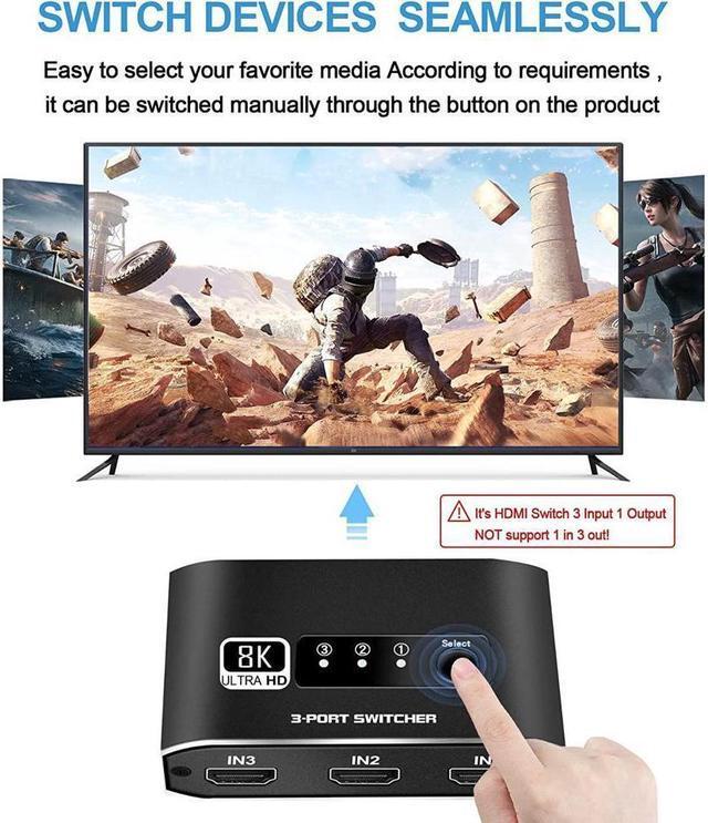 Alt view image 2 of 7 - IXJYLCPC HDMI Switch 3 in 1 Out 8K@60Hz HDMI Switcher Splitter, HDMI Switch Box Hub with 3.9FT HDMI Cable Supports 8K 60Hz 3D HD1080P for PS4/Xbox One/Fire TV/Apple TV/Sky Box/STB/DVD/Laptop/Roku