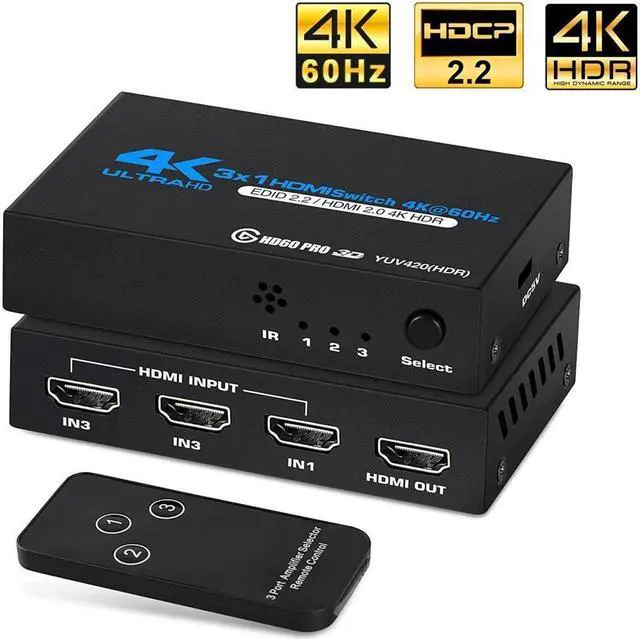 Main image of IXJYLCPC HDMI Switch 4k@60HZHDMI Splitter 3in1 Out HDMI Switcher Selector with IR Remote Control HDMI3Port Box Hub Support 3D HDCP2.2 for PS4/Xbox One/Fire TV/Apple TV/Sky Box/STB/DVD/Roku OZQ2-1
