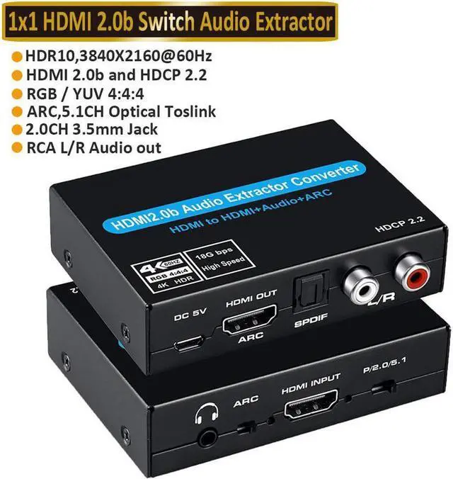 Main image of IXJYLCPC 4K HDMI Audio Extractor Splitter 4K HDMI to HDMI Audio Converter + Optical Toslink SPDIF + RCA L/R Stereo Analog Audio+3.5mm Audio Jack, HDMI Audio Adapter for Fire Stick, Blu-Ray Player