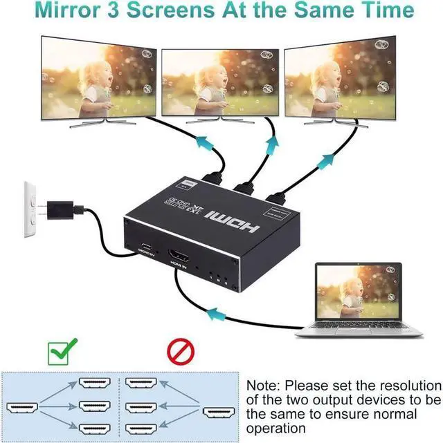 Alt view image 3 of 7 - IXJYLCPC HDMI Splitter 1 in 3 Out1x3 Hdmi Splitter Display Multiple Duplicate/Mirror Screen,Powered AC Adapter Included,Supports Ultra HD 1080P 4K/2K and 3D,for TV,Monitors,Computer,DVD,Projector
