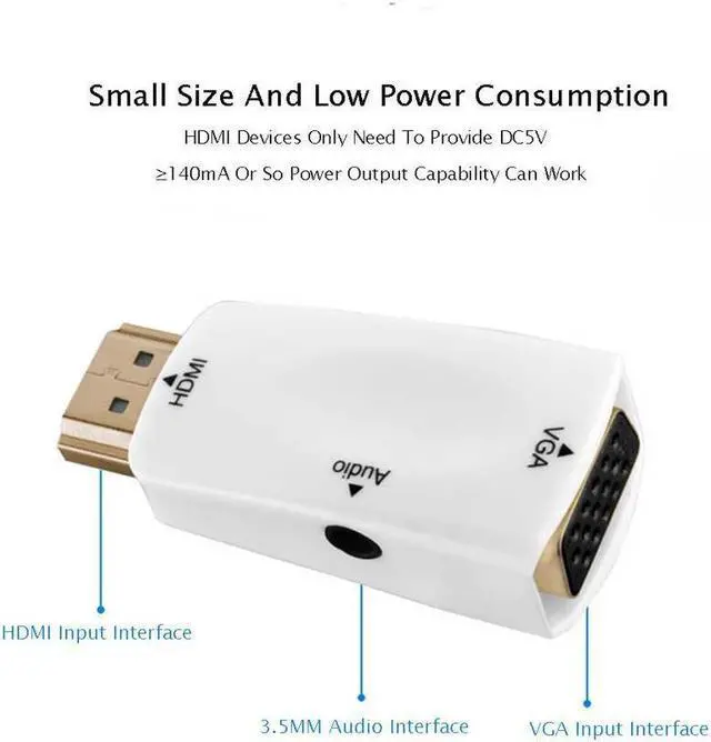 Alt view image 2 of 7 - IXJYLCPC HDMI TO VGA 1080P HDMI Male to VGA Female Video Converter Adapter with 3.5mm Audio Port for PC,Laptop,DVD,Projector HDTV Xbox STB Chromebook, Android TV Box and Other HDMI Devices-White