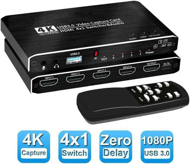 Main image of IXJYLCPC 4x1 4K@30Hz USB3.0HDMI Video Capture Card Seamless Switch 4K30FPS HD Game Capture Device Cam Link with Mic&Audio Work with Xbox PS4/5 Switch DSLR for OBS Twitch Live Streaming Recording