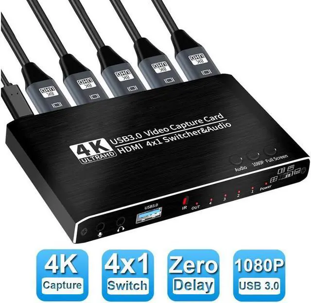 Main image of IXJYLCPC 4K@30Hz Capture Card Seamless Switch, 4x1 HDMI Video Capture Card to HDMI USB3.0 with with Mic&Audio & HDMI Loop-Out, Capture Card 4K 30fps for Nintendo Switch/Game Console/Phone