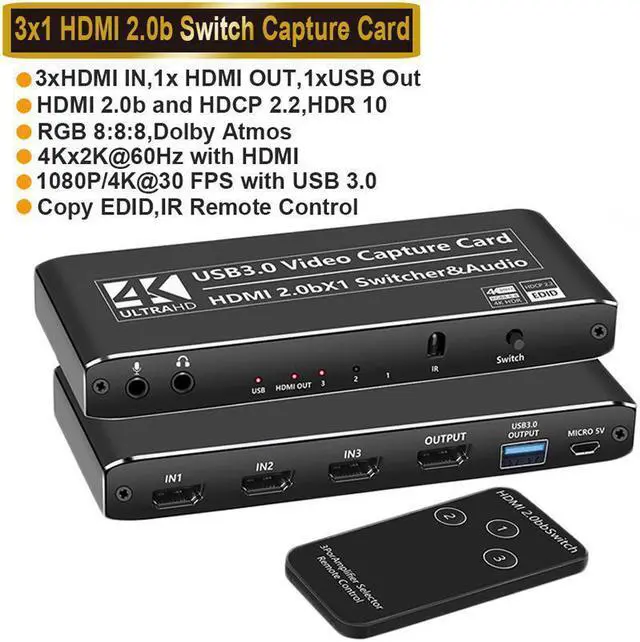 Main image of IXJYLCPC 3X1 4K@60Hz Video Capture Device Video Capture Card 4K 60fps HDMI-compatible to HDMI&USB3.0/Type-C with Mic & 3.5mm Audio & IR for Game Record Live Streaming Broadcast