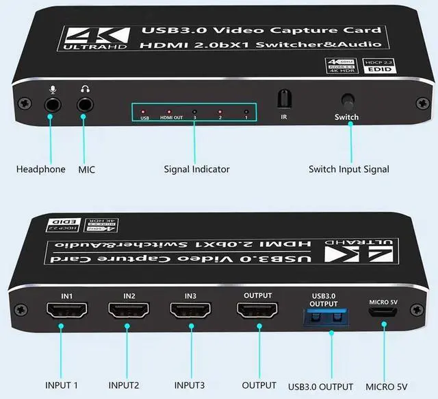 Alt view image 2 of 7 - IXJYLCPC Portable 4K@60Hz 3X1 HDMI-compatible to HDMI & USB3.0/Type-C 4K 60fps HD Video Capture Card with Mic & 3.5mm Audio Durable Audio Converter Live Recording Box
