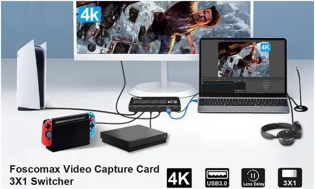 Alt view image 4 of 7 - IXJYLCPC Portable 4K@60Hz 3X1 HDMI-compatible to HDMI & USB3.0/Type-C 4K 60fps HD Video Capture Card with Mic & 3.5mm Audio Durable Audio Converter Live Recording Box