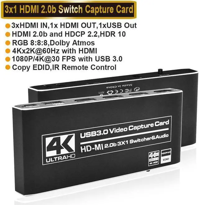 Main image of IXJYLCPC Portable 4K@60Hz 3X1 HDMI-compatible to HDMI & USB3.0/Type-C 4K 60fps HD Video Capture Card with Mic & 3.5mm Audio Durable Audio Converter Live Recording Box
