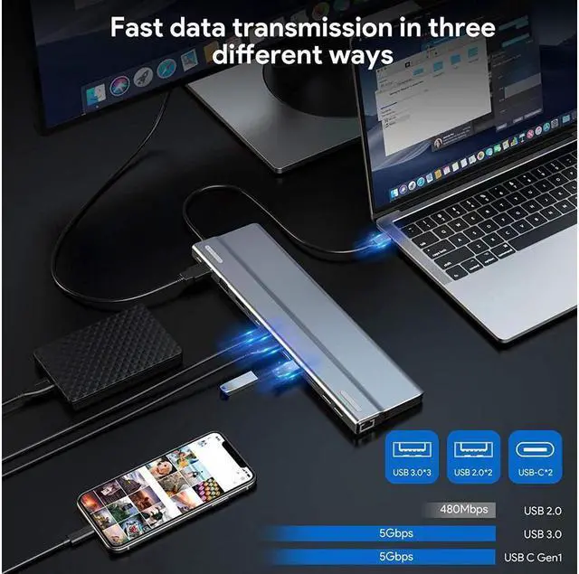 Alt view image 6 of 7 - IXJYLCPC USB C Docking Station Adapter, USB C Laptop Docking Station 14 in 1 Dual Display Multiport Dongle, Type C Hub with VGA,Gigablit, HDMI, 87W PD, 5 USB,3.5mm Audio and SD/TF Card Reader for