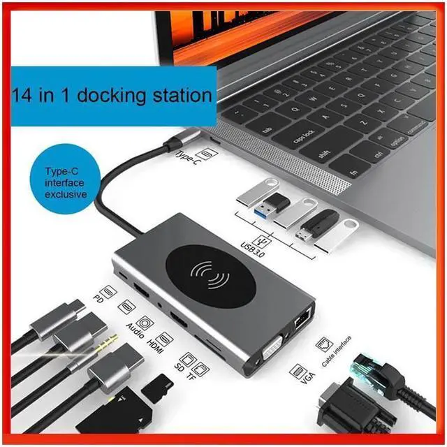 Main image of IXJYLCPC USB C Hub Multiport Adapter,14-IN-1 USB-C Hub with 4KDual HDMI,Gigabit,5USB3.0 Port,100WPD,SD/TF Card Reader,3.5mm Audio Mac,Wireless Charging Dongle Adapter for MacBook Pro Air,iPad Pro