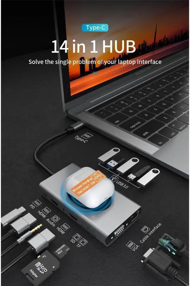 Alt view image 2 of 6 - IXJYLCPC Dual Display USB Type C HUB with to VGA Dual HDMI, Gigabit, 5USB3.0 Ports, SD/TF,Wireless Charging Multiport Adapter Docking Station Dongle for MacBook Air Pro and More