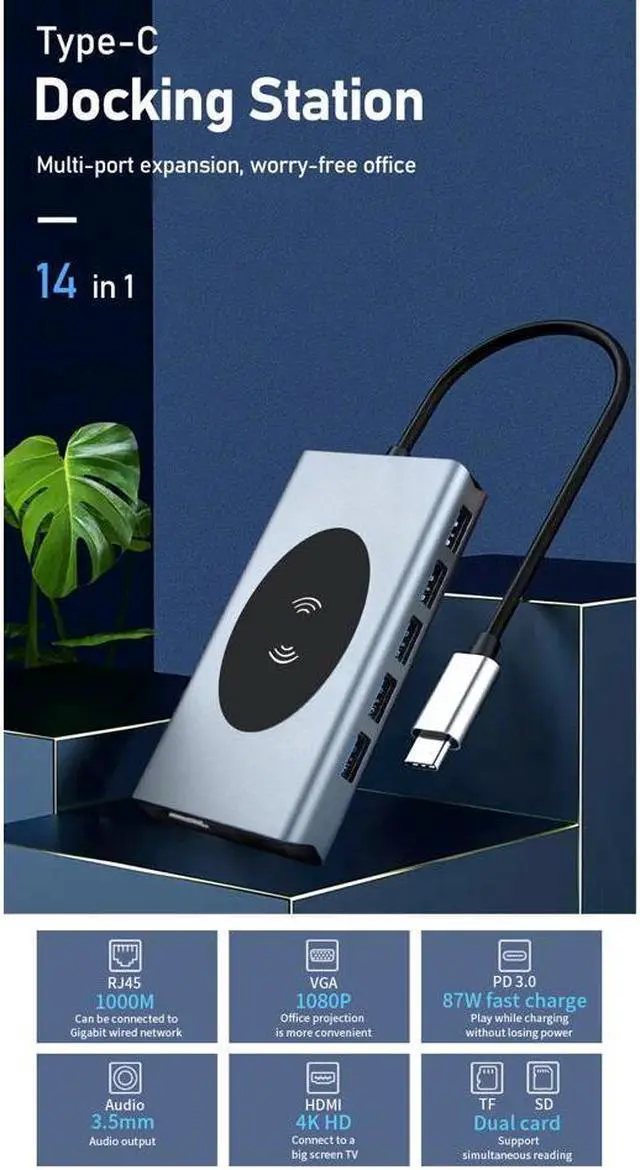 Alt view image 3 of 6 - IXJYLCPC Dual Display USB Type C HUB with to VGA Dual HDMI, Gigabit, 5USB3.0 Ports, SD/TF,Wireless Charging Multiport Adapter Docking Station Dongle for MacBook Air Pro and More