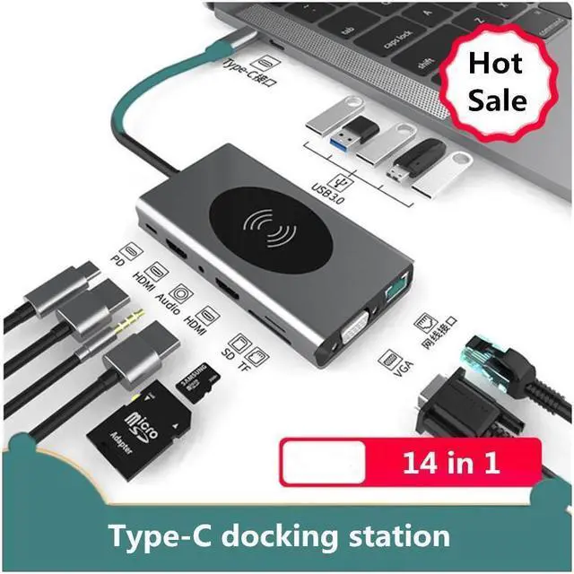 Main image of IXJYLCPC USB C to HDMI Multiport Adapter 4k, 14 in 1 USB C Dongle with 100W Power Delivery,5 USB 3.0 Ports SD/TF Card Reader, Gigabit,Audio Port,Wireless Charging Compatible with MacBook Ipad XPS