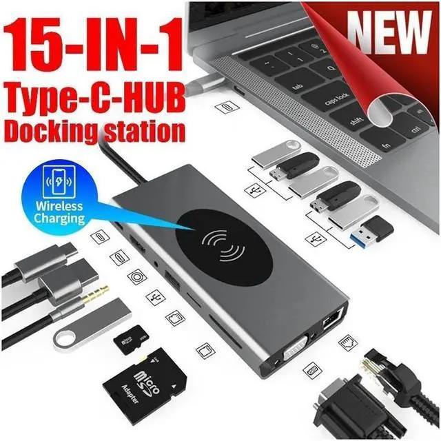 Main image of IXJYLCPC USB C Hub Multiport Adapter, 15 in 1 USB-C Dongle to HDMI; VGA; SD/MicroSD Card Reader; Gigabit; 4 USB 2.0; 3 USB 3.0; 2 USB-C, PD; Audio Jack,Wireless Charging for Windows Type C Laptops