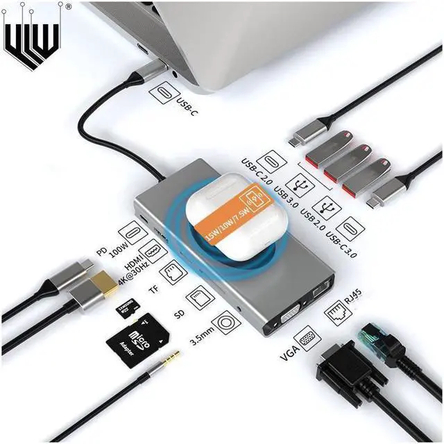 Main image of IXJYLCPC 13 IN 1 USB C to VGA HDMI Hub Multiport Adapter with Ethernet, 4K HDMI, 100W PD, USB30 Ports,USB-C Port, SD/TF Card Reader,3.5mm Audio,Wireless Charging Dongle for MacBook Pro Air, iMac, XPS