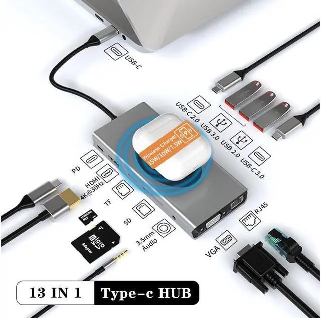 Main image of IXJYLCPC USB C Hub Multiport Adapter, 13 IN 1 USB-C Dongle to HDMI; VGA; SD/MicroSD Card Reader; RJ45 Ethernet;USB-C Data Port, USB3.0, PD; Audio Jack,Wireless Charging for Windows Type C Laptops