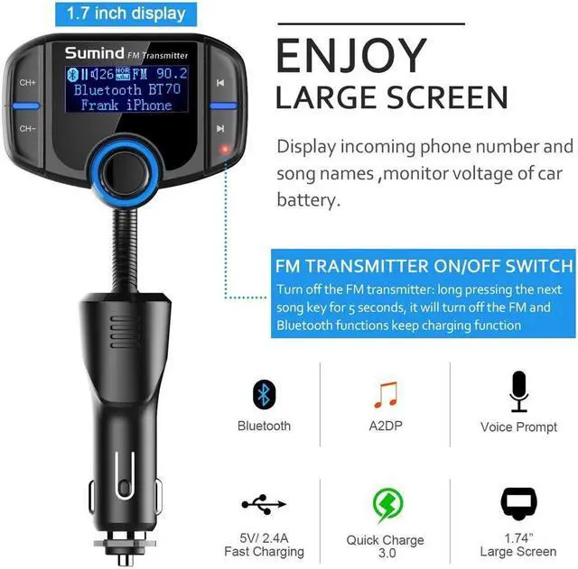 Alt view image 3 of 7 - IXJYLCPC BT70 [Upgraded Version] Blue FM Transmitter for Car, Wireless FM Radio Transmitter Adapter Car Kit, Dual USB Charging Ports, Hands Free Calling, U Disk, TF Card MP3 Music Player