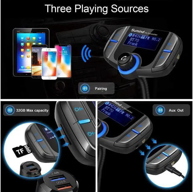 Alt view image 5 of 7 - IXJYLCPC BT70 [Upgraded Version] Blue FM Transmitter for Car, Wireless FM Radio Transmitter Adapter Car Kit, Dual USB Charging Ports, Hands Free Calling, U Disk, TF Card MP3 Music Player
