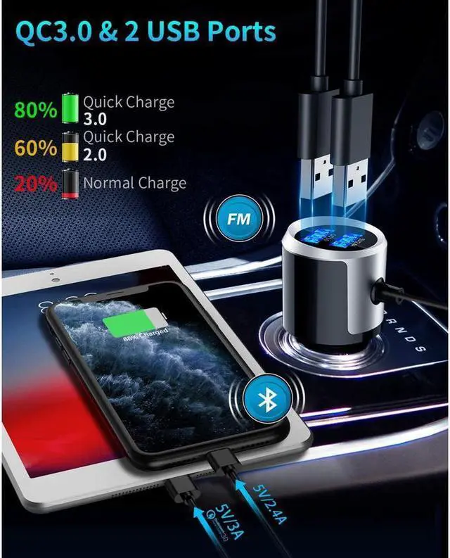 Alt view image 3 of 7 - IXJYLCPC FM Transmitter for Car Bluetooth 5.0 Music Player - Handsfree car kit - QC3.0 USB Charger for car - MP3 Player FM Transmitter Bluetooth Adapter Support SD Card [Upgraded Version BC49BQ]