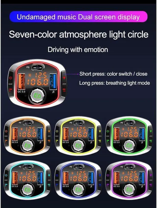 Alt view image 4 of 7 - IXJYLCPC Bluetooth FM Transmitter Car Radio Audio Adapter MP3 Player Handsfree Car Kit with Dual USB Ports QC3.0/18W + USB-C PD Car Voltage Play TF Card/USB Flash Drive LED Backlit for