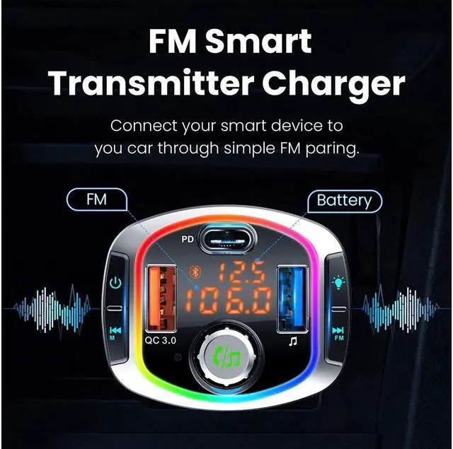 Alt view image 3 of 7 - IXJYLCPC Bluetooth FM Transmitter for Car BT 5.0 &QC3.0/18W Wireless Bluetooth FM Audio Adapter Music Player Car Kit with Hands-Free Calling 2 USB Ports+USB-C PD Hi-Fi Music,LED Backlit Support