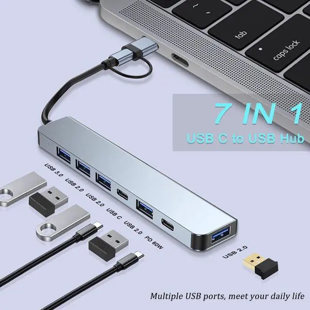 Alt view image 2 of 7 - IXJYLCPC USB C & USB Hub, 7 in 1 USB Adapter with 7 Port USB Hub,USB C Splitter with 2*USB C Ports,5*USB-A Ports, USB Extension Adapter for Laptop and PC Computer