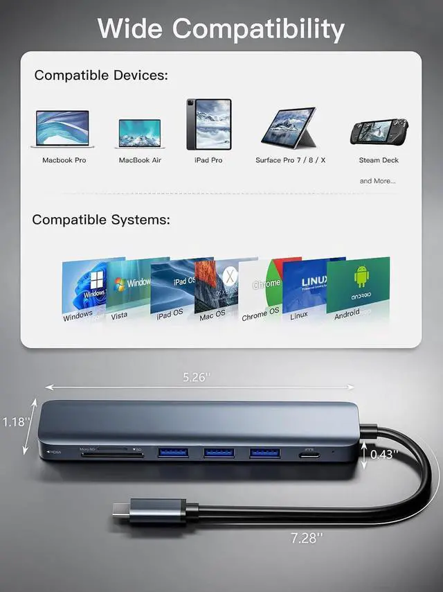 Alt view image 2 of 7 - IXJYLCPC USB C Hub, Type-C Hub Adapter 7 in 1 with HDMI 4K@30Hz, 100W PD Charging, 1 USB3.0 5Gbps Data Port, 2 USB 2.0, SD/TF, USB C Multiport Dongle for MacBook Pro and Other Type C Devices