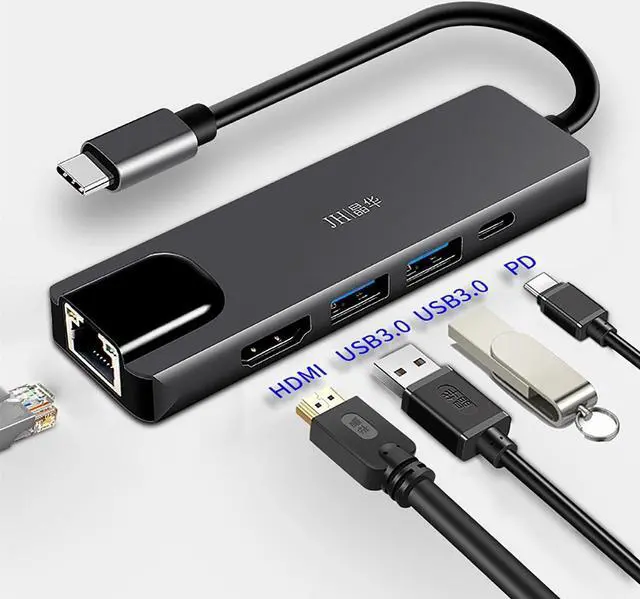 Main image of IXJYLCPC USB C to Ethernet Adapter with 2 USB 3.0 Port, 4K HDMI,100W Power Delivery, 5 in 1 Aluminum Type C Gigabit LAN Network Hub for MacBook Pro/Air and Other Thunderbolt 3 Device