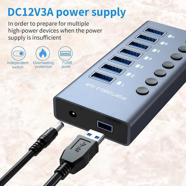 Alt view image 4 of 7 - IXJYLCPC Powered USB 3.0 Hub, 7 Ports USB Data Hub Splitter Aluminum with Individual ON/Off Switches and 12V/3A Power Adapter USB Extension for Mouse, Keyboard, Hard Drive or More USB Devices
