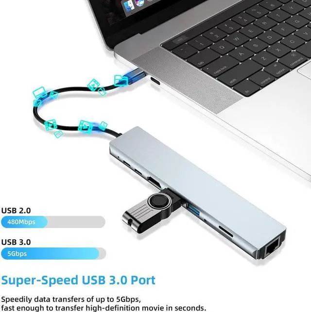 Alt view image 4 of 7 - IXJYLCPC 8-in-1 Type C Hub Adapter with RJ45 Port, 2 USB 3.0 Port,4K HDMI,SD/TF Card Port,87W PD, Type-C Port Compatible for MacBook/Pro/Air 2016/2017/2018 and More USB C Devices