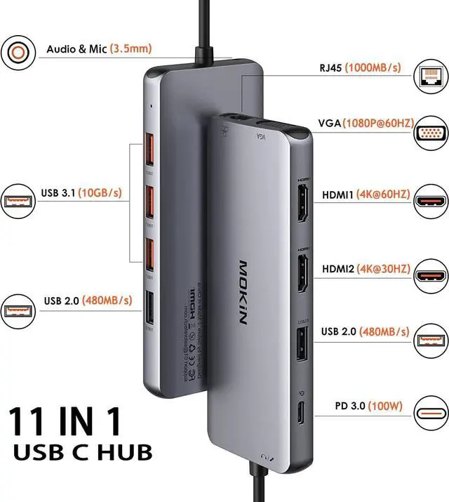 Alt view image 2 of 7 - MOKiN USB C Docking Station Dual Monitor HDMI Adapter, 11 in 1 USB-C Laptop Docking Station with 3xUSB 3.1,2xUSB2.0,VGA&RJ45,1x100WPD&Audio ports,for Mac book Pro/Air,Dell XPS,HP,Lenovo,etc.