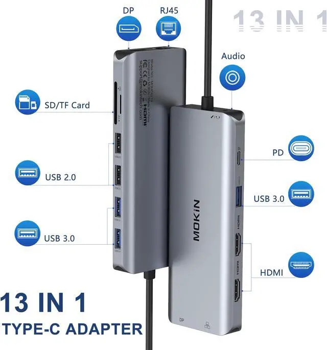 Alt view image 3 of 7 - MOKiN USB C Hub, USB C Docking Station 13 in 1 Triple Display Type C Adapter with Dual HDMI 4K, DP, PD Charger, Gigabit Ethernet, 5 USB Ports, SD/TF Card Reader, Mic/Audio for MacBook Pro and Windows