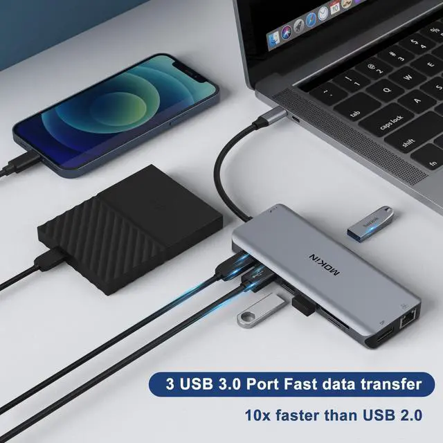 Alt view image 7 of 7 - MOKiN USB C Hub, USB C Docking Station 13 in 1 Triple Display Type C Adapter with Dual HDMI 4K, DP, PD Charger, Gigabit Ethernet, 5 USB Ports, SD/TF Card Reader, Mic/Audio for MacBook Pro and Windows
