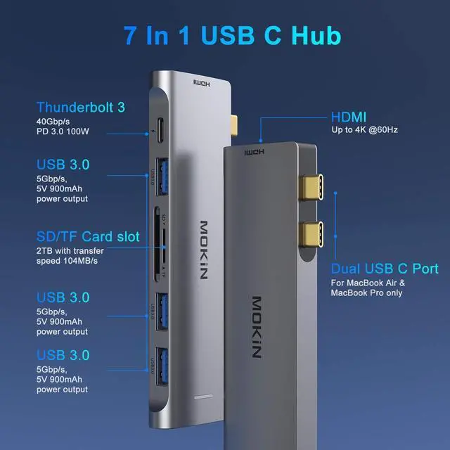 Alt view image 2 of 7 - MOKiN USB C Multiport Adapte for MacBook Pro Adapter with 4K@60Hz HDMI,3 USB 3.0, TF/SD, USB-C Thunderbolt 3 100W, USB C Hub for MacBook Air 2020 2019 2018 2017