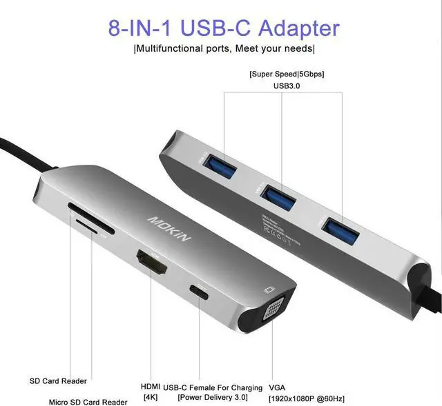 Alt view image 2 of 7 - MOKIN 8-in-1 USB-C Hub Adapter with HDMI, VGA, SD/TF Card Reader, USB 3.0 Ports, and USB C PD 100W for MacBook Pro/Air, Microsoft Surfacebook, Dell XPS, Lenovo Yoga in Gray