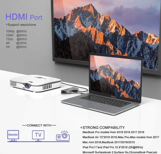 Alt view image 3 of 7 - MOKIN 8-in-1 USB-C Hub Adapter with HDMI, VGA, SD/TF Card Reader, USB 3.0 Ports, and USB C PD 100W for MacBook Pro/Air, Microsoft Surfacebook, Dell XPS, Lenovo Yoga in Gray